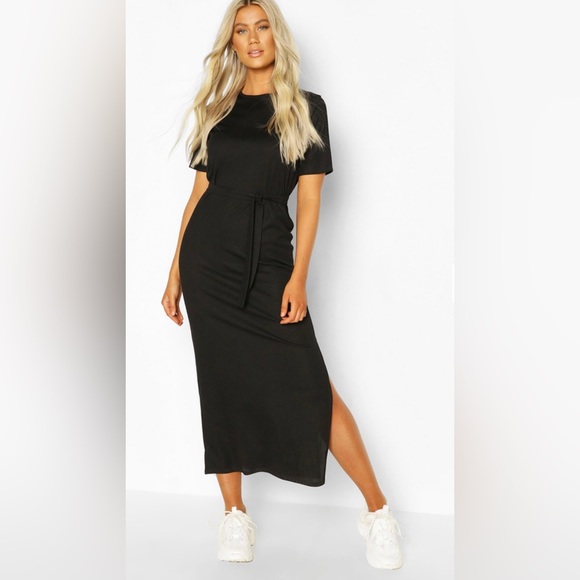 Boohoo Dresses & Skirts - TALL SIDE SPLIT BELTED RIB T-SHIRT DRESS Boohoo Black
